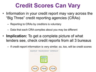 Credit Scores Can Vary
• Information in your credit report may vary across the
“Big Three” credit reporting agencies (CRAs)
– Reporting to CRAs by creditors is voluntary
– Data that each CRA compiles about you may be different
• Implication: To get a complete picture of what
lenders see, check credit reports from all 3 bureaus
– If credit report information is very similar, so, too, will be credit scores
 