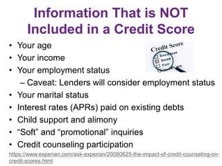 Information That is NOT
Included in a Credit Score
• Your age
• Your income
• Your employment status
– Caveat: Lenders will consider employment status
• Your marital status
• Interest rates (APRs) paid on existing debts
• Child support and alimony
• “Soft” and “promotional” inquiries
• Credit counseling participation
https://www.experian.com/ask-experian/20080625-the-impact-of-credit-counseling-on-
credit-scores.html
 