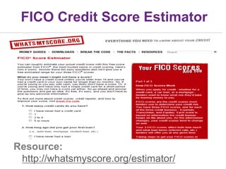 FICO Credit Score Estimator
Resource:
http://whatsmyscore.org/estimator/
 