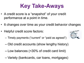 Key Take-Aways
• A credit score is a “snapshot” of your credit
performance at a point in time.
• It changes over time as your credit behavior changes
• Helpful credit score factors:
– Timely payments (“current” or “paid as agreed”)
– Old credit accounts (show lengthy history)
– Low balances (<30% of credit card limit)
– Variety (bankcards, car loans, mortgages)
 