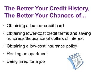 The Better Your Credit History,
The Better Your Chances of...
• Obtaining a loan or credit card
• Obtaining lower-cost credit terms and saving
hundreds/thousands of dollars of interest
• Obtaining a low-cost insurance policy
• Renting an apartment
• Being hired for a job
 