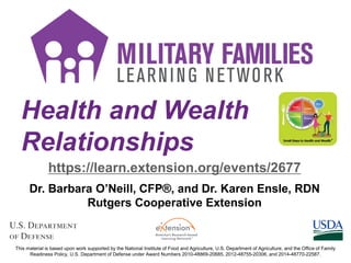 Health and Wealth
Relationships
https://learn.extension.org/events/2677
Dr. Barbara O’Neill, CFP®, and Dr. Karen Ensle, RDN
Rutgers Cooperative Extension
This material is based upon work supported by the National Institute of Food and Agriculture, U.S. Department of Agriculture, and the Office of Family
Readiness Policy, U.S. Department of Defense under Award Numbers 2010-48869-20685, 2012-48755-20306, and 2014-48770-22587.
 