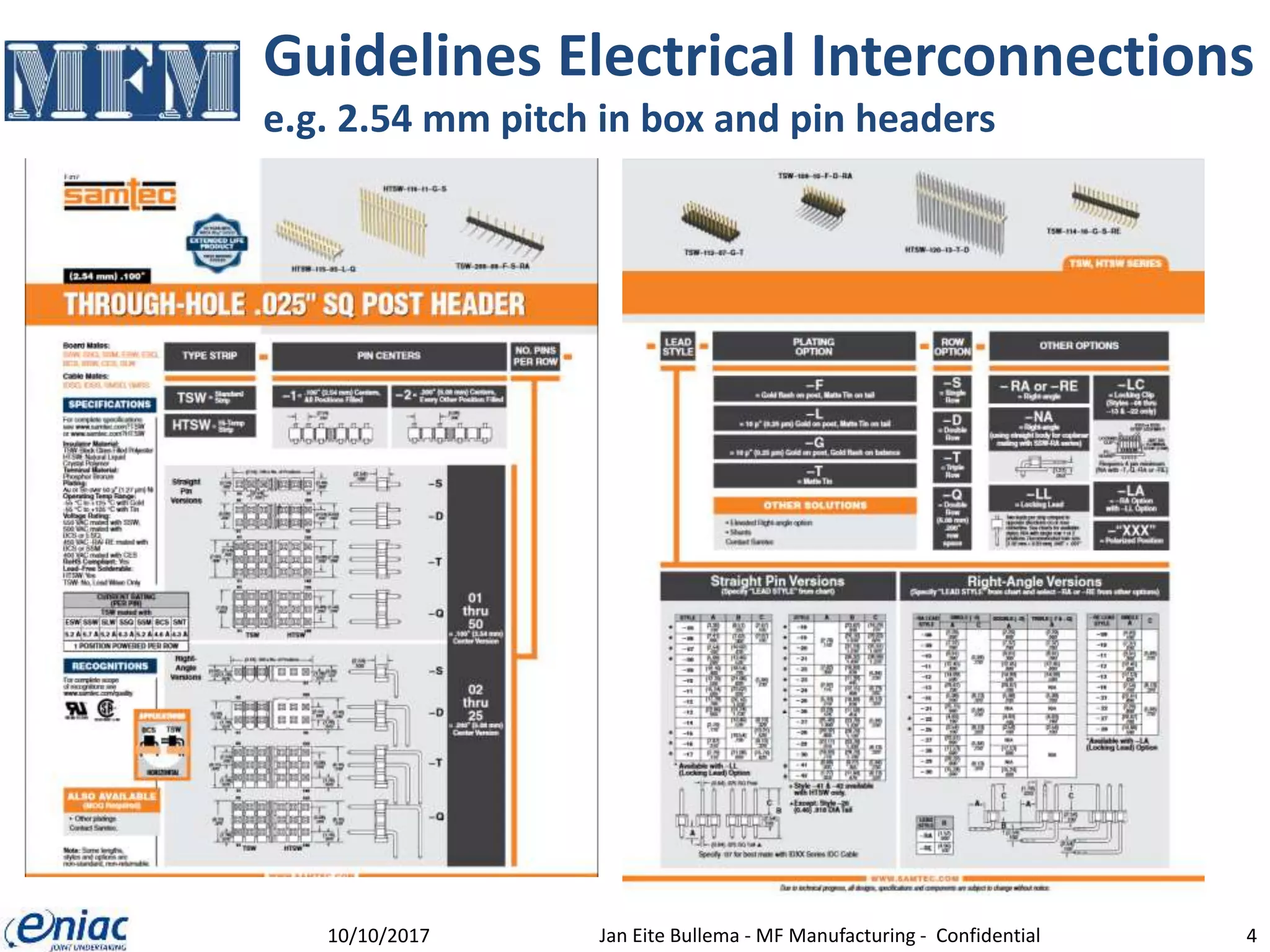 Guidelines Electrical Interconnections
e.g. 2.54 mm pitch in box and pin headers
10/10/2017 Jan Eite Bullema - MF Manufacturing - Confidential 4
 