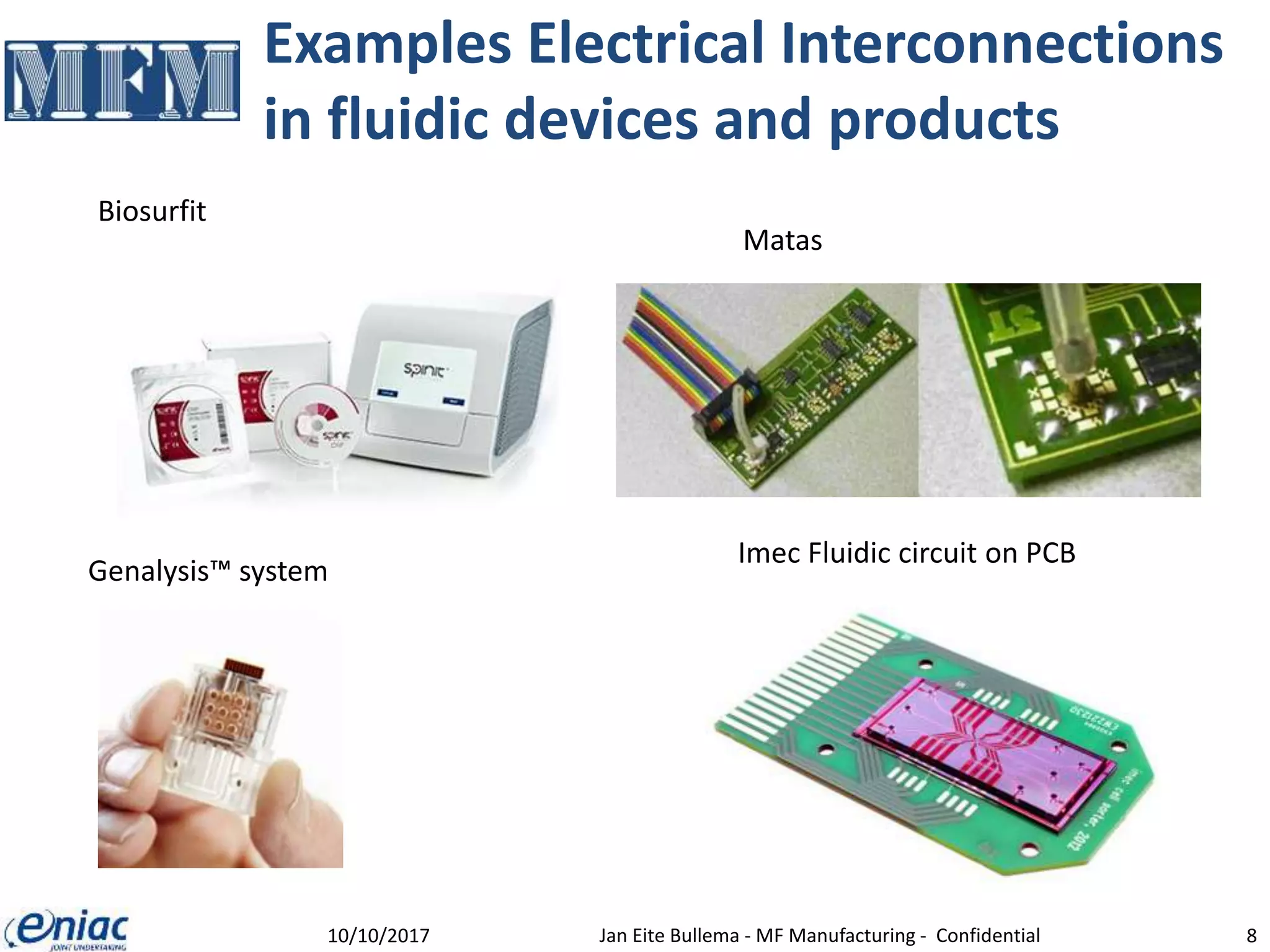 Examples Electrical Interconnections
in fluidic devices and products
10/10/2017 Jan Eite Bullema - MF Manufacturing - Confidential 8
Biosurfit
Genalysis™ system
Imec Fluidic circuit on PCB
Matas
 