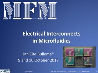 Electrical Interconnects
in Microfluidics
Jan Eite Bullema*
9 and 10 October 2017
10/10/2017 JEB - MF Manufacturing - Confidential 1* = WP1 leader
 