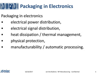 Packaging in Electronics
Packaging in electronics
• electrical power distribution,
• electrical signal distribution,
• heat dissipation / thermal management,
• physical protection,
• manufacturability / automatic processing.
10/10/2017 Jan Eite Bullema - MF Manufacturing - Confidential 3
 