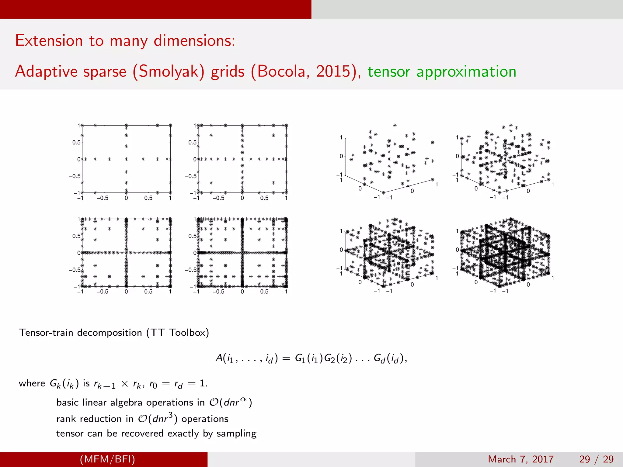 Extension to many dimensions:
Adaptive sparse (Smolyak) grids (Bocola, 2015), tensor approximation
−1 −0.5 0 0.5 1
−1
−0.5
0
0.5
1
−1 −0.5 0 0.5 1
−1
−0.5
0
0.5
1
−1 −0.5 0 0.5 1
−1
−0.5
0
0.5
1
−1 −0.5 0 0.5 1
−1
−0.5
0
0.5
1
−1
0
1
−1
0
1
−1
0
1
−1
0
1
−1
0
1
−1
0
1
−1
0
1
−1
0
1
−1
0
1
−1
0
1
−1
0
1
−1
0
1
Tensor-train decomposition (TT Toolbox)
A(i1, . . . , id ) = G1(i1)G2(i2) . . . Gd (id ),
where Gk (ik ) is rk−1 × rk , r0 = rd = 1.
basic linear algebra operations in O(dnrα
)
rank reduction in O(dnr3
) operations
tensor can be recovered exactly by sampling
(MFM/BFI) March 7, 2017 29 / 29
 
