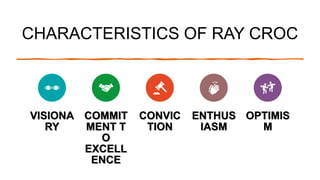 CHARACTERISTICS OF RAY CROC
VISIONA
RY
COMMIT
MENT T
O
EXCELL
ENCE
CONVIC
TION
ENTHUS
IASM
OPTIMIS
M
 
