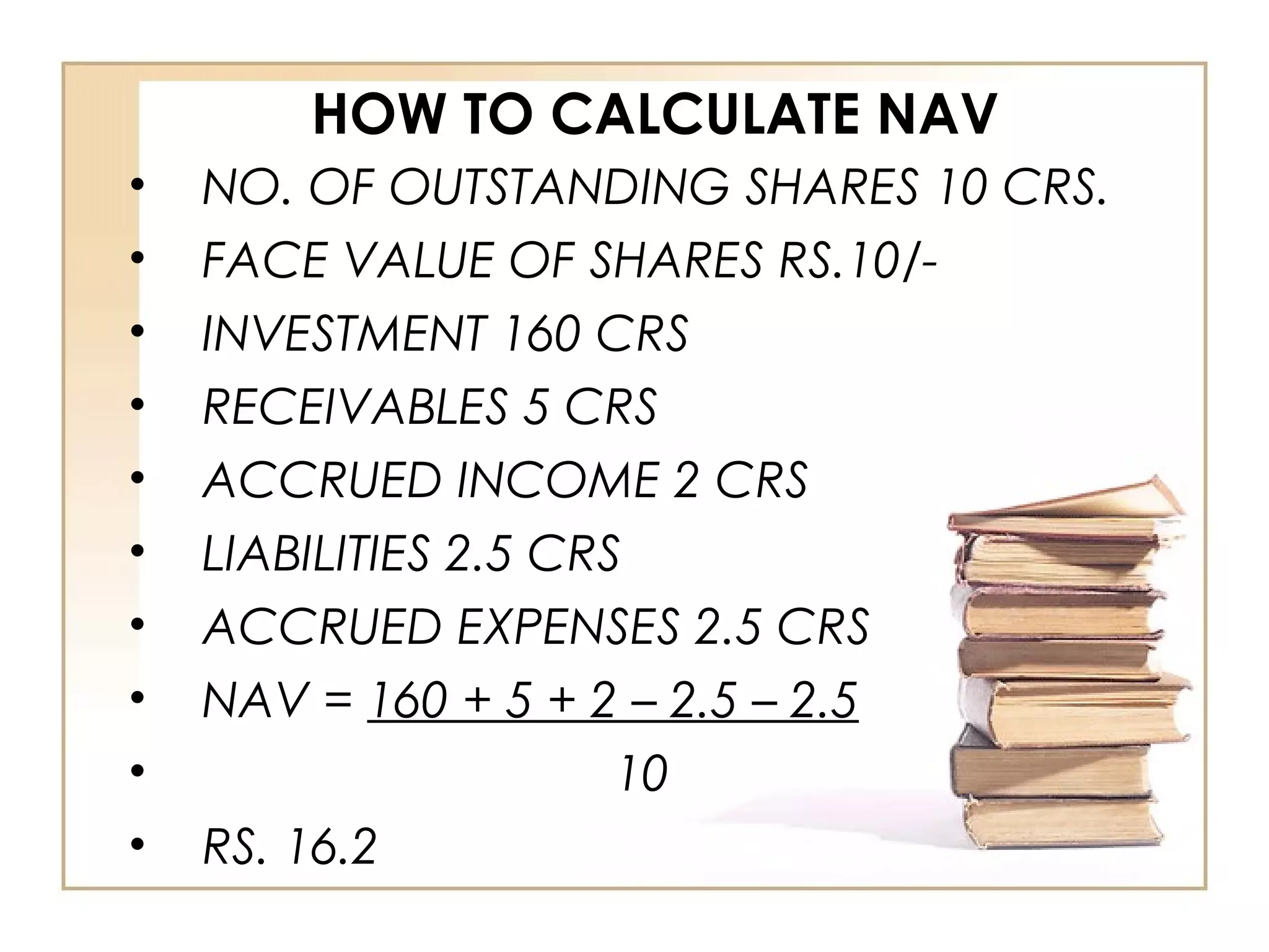 HOW TO CALCULATE NAV
• NO. OF OUTSTANDING SHARES 10 CRS.
• FACE VALUE OF SHARES RS.10/-
• INVESTMENT 160 CRS
• RECEIVABLES 5 CRS
• ACCRUED INCOME 2 CRS
• LIABILITIES 2.5 CRS
• ACCRUED EXPENSES 2.5 CRS
• NAV = 160 + 5 + 2 – 2.5 – 2.5
• 10
• RS. 16.2
 