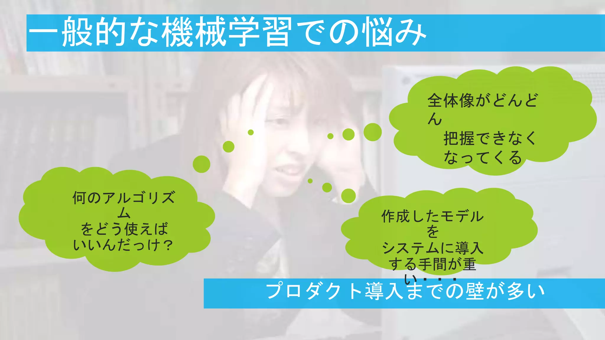 全体像がどんど
ん
把握できなく
なってくる
何のアルゴリズ
ム
をどう使えば
いいんだっけ？
作成したモデル
を
システムに導入
する手間が重
い・・・
 