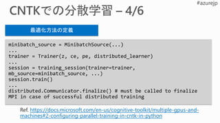 minibatch_source = MinibatchSource(...)
...
trainer = Trainer(z, ce, pe, distributed_learner)
...
session = training_session(trainer=trainer,
mb_source=minibatch_source, ...)
session.train()
...
distributed.Communicator.finalize() # must be called to finalize
MPI in case of successful distributed training
最適化方法の定義
https://docs.microsoft.com/en-us/cognitive-toolkit/multiple-gpus-and-
machines#2-configuring-parallel-training-in-cntk-in-python
 