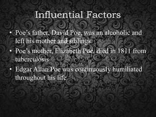 Influential Factors
• Poe’s father, David Poe, was an alcoholic and
left his mother and siblings
• Poe’s mother, Elizabeth Poe, died in 1811 from
tuberculosis
• Edgar Allan Poe was continuously humiliated
throughout his life

 