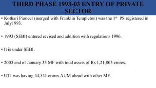 THIRD PHASE 1993-03 ENTRY OF PRIVATE
SECTOR
• Kothari Pioneer (merged with Franklin Templeton) was the 1st PS registered in
July1993.
• 1993 (SEBI) entered revised and addition with regulations 1996.
• It is under SEBI.
• 2003 end of January 33 MF with total assets of Rs 1,21,805 crores.
• UTI was having 44,541 crores AUM ahead with other MF.
 