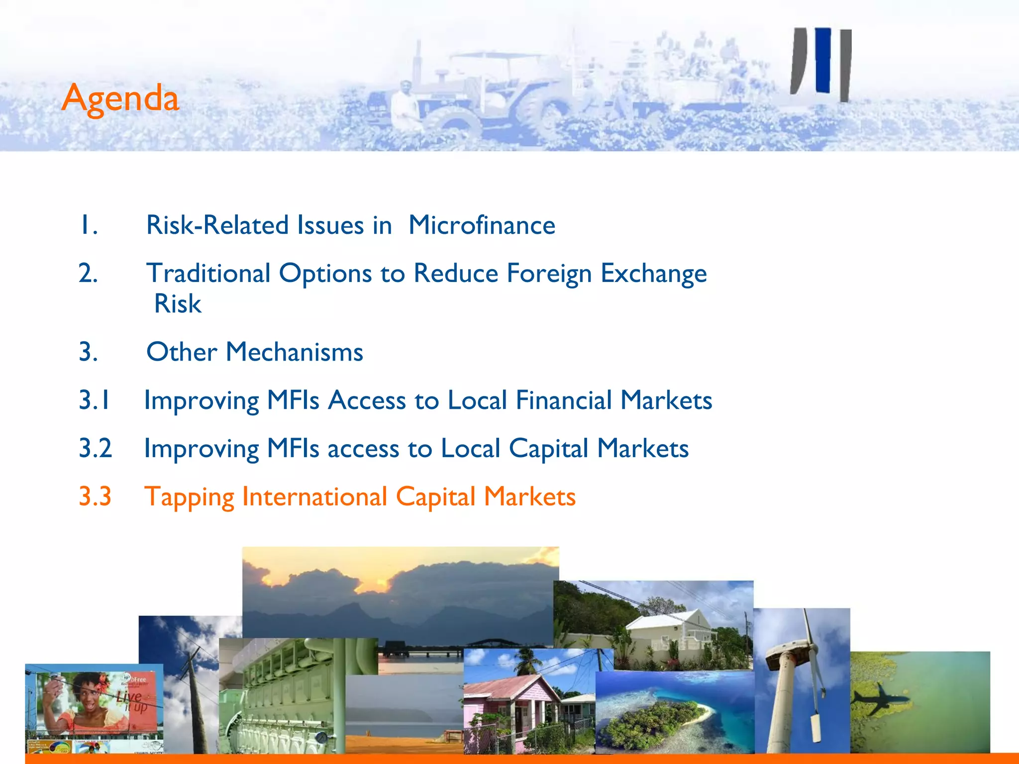 Agenda


1.    Risk-Related Issues in Microfinance
2.    Traditional Options to Reduce Foreign Exchange
      Risk
3.    Other Mechanisms
3.1   Improving MFIs Access to Local Financial Markets
3.2   Improving MFIs access to Local Capital Markets
3.3   Tapping International Capital Markets
 