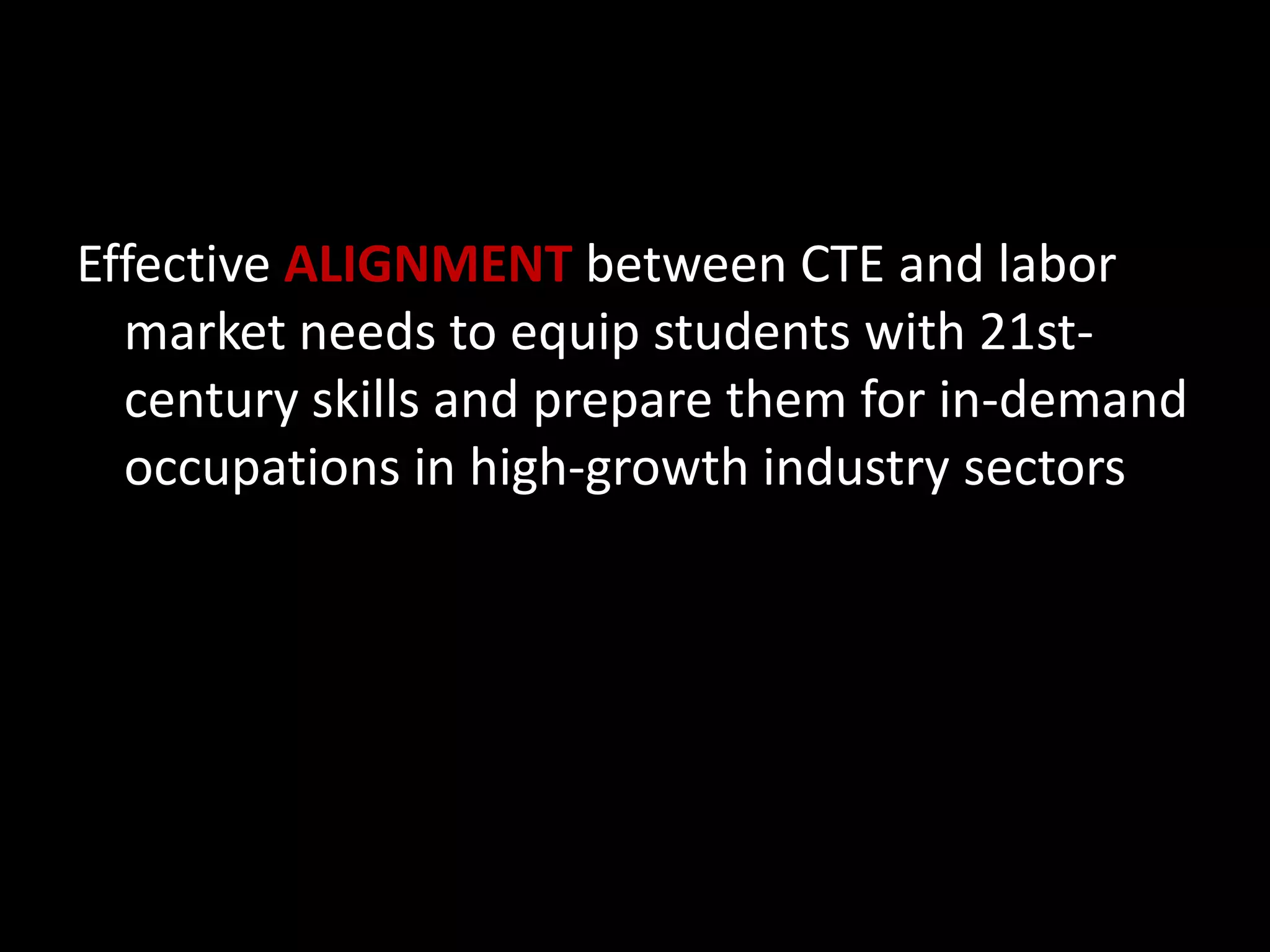 Effective ALIGNMENT between CTE and labor
market needs to equip students with 21stcentury skills and prepare them for in-demand
occupations in high-growth industry sectors

 