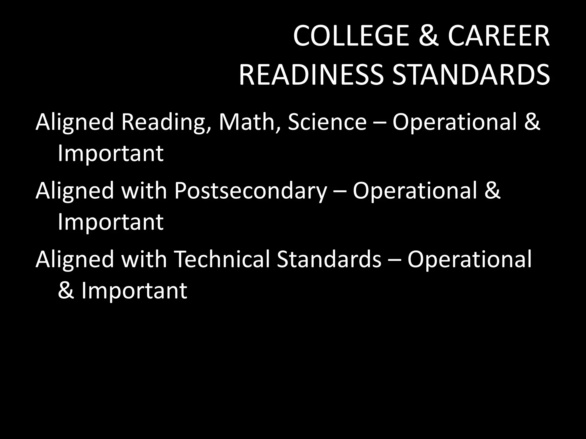 COLLEGE & CAREER
READINESS STANDARDS
Aligned Reading, Math, Science – Operational &
Important
Aligned with Postsecondary – Operational &
Important
Aligned with Technical Standards – Operational
& Important

 