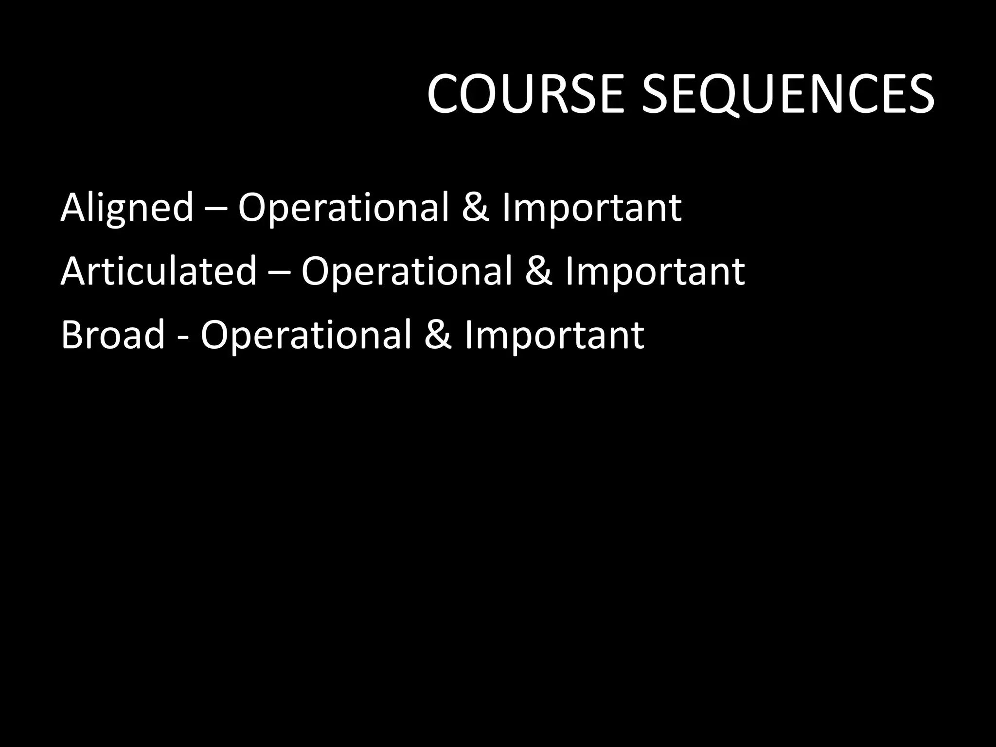 COURSE SEQUENCES
Aligned – Operational & Important
Articulated – Operational & Important
Broad - Operational & Important

 