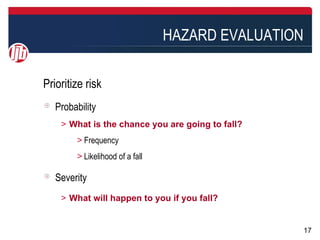 HAZARD EVALUATION

Prioritize risk
   Probability
    ＞ What is the chance you are going to fall?
        ＞Frequency
        ＞Likelihood of a fall

   Severity
    ＞ What will happen to you if you fall?


                                                    17
 