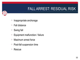 FALL ARREST: RESIDUAL RISK

Inappropriate anchorage
Fall distance
Swing fall
Equipment malfunction / failure
Maximum arrest force
Post-fall suspension time
Rescue

                                             32
 