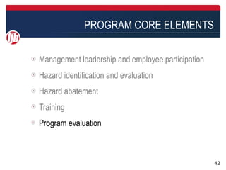 PROGRAM CORE ELEMENTS

Management leadership and employee participation
Hazard identification and evaluation
Hazard abatement
Training
Program evaluation



                                                   42
 