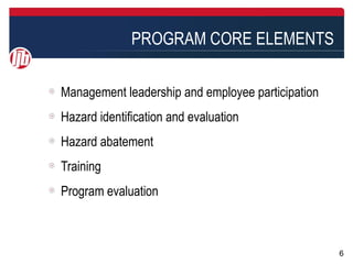 PROGRAM CORE ELEMENTS

Management leadership and employee participation
Hazard identification and evaluation
Hazard abatement
Training
Program evaluation



                                                   6
 
