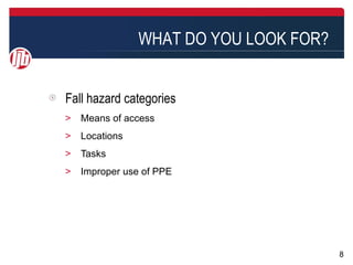 WHAT DO YOU LOOK FOR?


Fall hazard categories
＞ Means of access
＞ Locations
＞ Tasks
＞ Improper use of PPE




                                      8
 