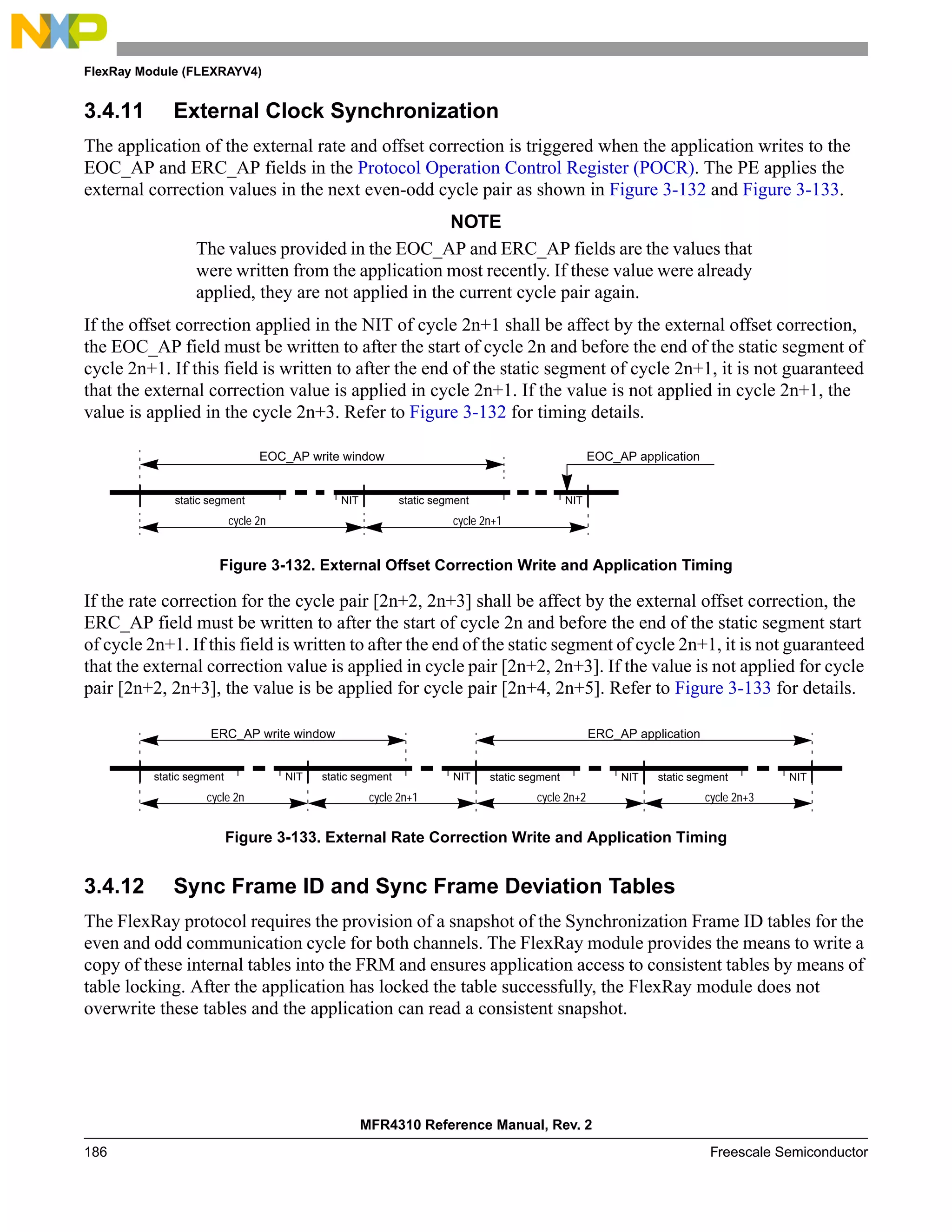 FlexRay Module (FLEXRAYV4)
MFR4310 Reference Manual, Rev. 2
186 Freescale Semiconductor
3.4.11 External Clock Synchronization
The application of the external rate and offset correction is triggered when the application writes to the
EOC_AP and ERC_AP fields in the Protocol Operation Control Register (POCR). The PE applies the
external correction values in the next even-odd cycle pair as shown in Figure 3-132 and Figure 3-133.
NOTE
The values provided in the EOC_AP and ERC_AP fields are the values that
were written from the application most recently. If these value were already
applied, they are not applied in the current cycle pair again.
If the offset correction applied in the NIT of cycle 2n+1 shall be affect by the external offset correction,
the EOC_AP field must be written to after the start of cycle 2n and before the end of the static segment of
cycle 2n+1. If this field is written to after the end of the static segment of cycle 2n+1, it is not guaranteed
that the external correction value is applied in cycle 2n+1. If the value is not applied in cycle 2n+1, the
value is applied in the cycle 2n+3. Refer to Figure 3-132 for timing details.
Figure 3-132. External Offset Correction Write and Application Timing
If the rate correction for the cycle pair [2n+2, 2n+3] shall be affect by the external offset correction, the
ERC_AP field must be written to after the start of cycle 2n and before the end of the static segment start
of cycle 2n+1. If this field is written to after the end of the static segment of cycle 2n+1, it is not guaranteed
that the external correction value is applied in cycle pair [2n+2, 2n+3]. If the value is not applied for cycle
pair [2n+2, 2n+3], the value is be applied for cycle pair [2n+4, 2n+5]. Refer to Figure 3-133 for details.
Figure 3-133. External Rate Correction Write and Application Timing
3.4.12 Sync Frame ID and Sync Frame Deviation Tables
The FlexRay protocol requires the provision of a snapshot of the Synchronization Frame ID tables for the
even and odd communication cycle for both channels. The FlexRay module provides the means to write a
copy of these internal tables into the FRM and ensures application access to consistent tables by means of
table locking. After the application has locked the table successfully, the FlexRay module does not
overwrite these tables and the application can read a consistent snapshot.
static segment NIT static segment NIT
EOC_AP write window EOC_AP application
cycle 2n cycle 2n+1
static segment NIT
ERC_AP write window ERC_AP application
cycle 2n
static segment NIT
cycle 2n+1
static segment NIT
cycle 2n+2
static segment NIT
cycle 2n+3
 