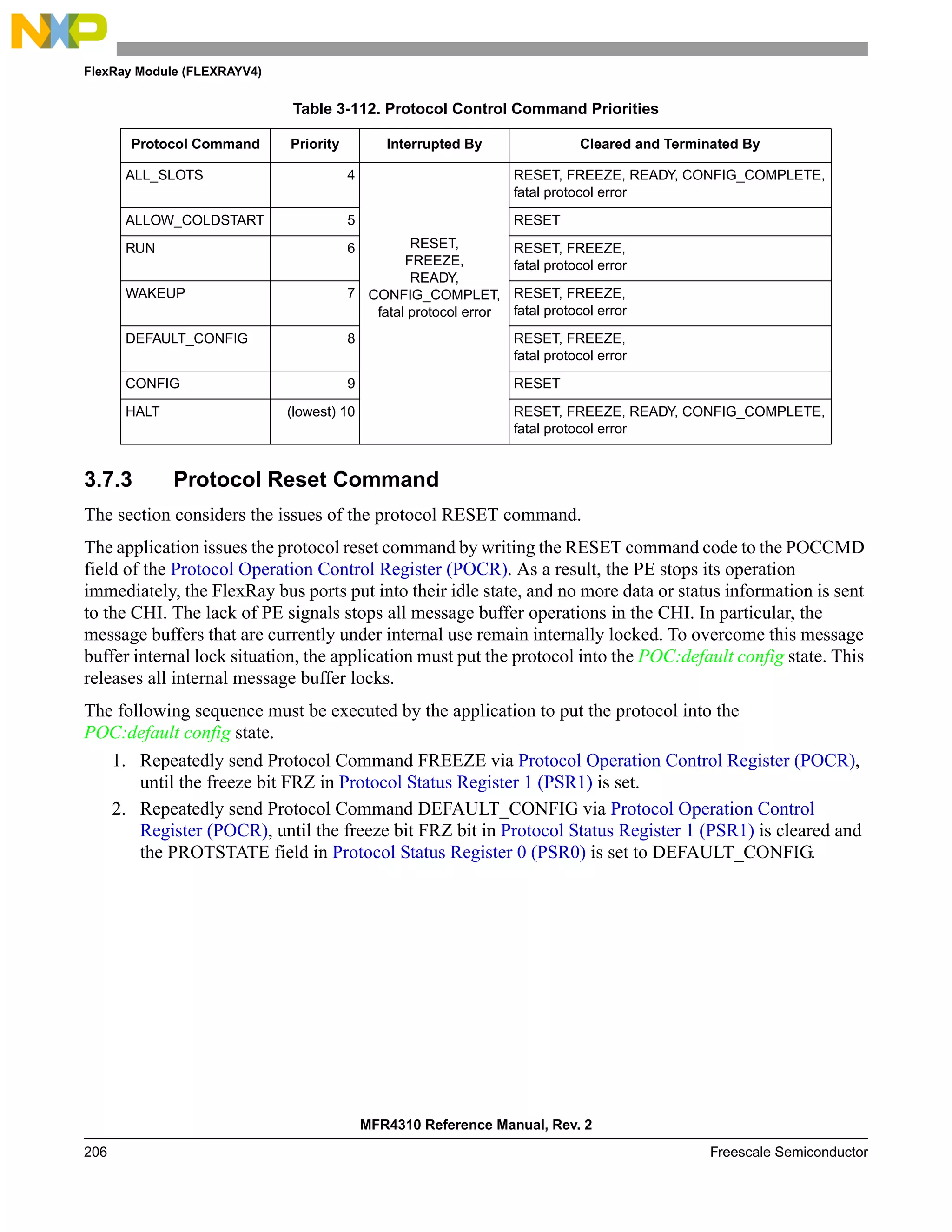 FlexRay Module (FLEXRAYV4)
MFR4310 Reference Manual, Rev. 2
206 Freescale Semiconductor
3.7.3 Protocol Reset Command
The section considers the issues of the protocol RESET command.
The application issues the protocol reset command by writing the RESET command code to the POCCMD
field of the Protocol Operation Control Register (POCR). As a result, the PE stops its operation
immediately, the FlexRay bus ports put into their idle state, and no more data or status information is sent
to the CHI. The lack of PE signals stops all message buffer operations in the CHI. In particular, the
message buffers that are currently under internal use remain internally locked. To overcome this message
buffer internal lock situation, the application must put the protocol into the POC:default config state. This
releases all internal message buffer locks.
The following sequence must be executed by the application to put the protocol into the
POC:default config state.
1. Repeatedly send Protocol Command FREEZE via Protocol Operation Control Register (POCR),
until the freeze bit FRZ in Protocol Status Register 1 (PSR1) is set.
2. Repeatedly send Protocol Command DEFAULT_CONFIG via Protocol Operation Control
Register (POCR), until the freeze bit FRZ bit in Protocol Status Register 1 (PSR1) is cleared and
the PROTSTATE field in Protocol Status Register 0 (PSR0) is set to DEFAULT_CONFIG.
ALL_SLOTS 4
RESET,
FREEZE,
READY,
CONFIG_COMPLET,
fatal protocol error
RESET, FREEZE, READY, CONFIG_COMPLETE,
fatal protocol error
ALLOW_COLDSTART 5 RESET
RUN 6 RESET, FREEZE,
fatal protocol error
WAKEUP 7 RESET, FREEZE,
fatal protocol error
DEFAULT_CONFIG 8 RESET, FREEZE,
fatal protocol error
CONFIG 9 RESET
HALT (lowest) 10 RESET, FREEZE, READY, CONFIG_COMPLETE,
fatal protocol error
Table 3-112. Protocol Control Command Priorities
Protocol Command Priority Interrupted By Cleared and Terminated By
 