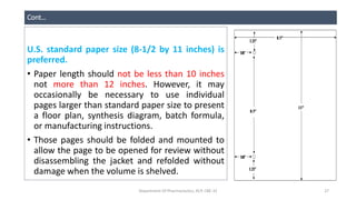 Cont…
U.S. standard paper size (8-1/2 by 11 inches) is
preferred.
• Paper length should not be less than 10 inches
not more than 12 inches. However, it may
occasionally be necessary to use individual
pages larger than standard paper size to present
a floor plan, synthesis diagram, batch formula,
or manufacturing instructions.
• Those pages should be folded and mounted to
allow the page to be opened for review without
disassembling the jacket and refolded without
damage when the volume is shelved.
Department Of Pharmaceutics, KCP, CBE-32 27
 