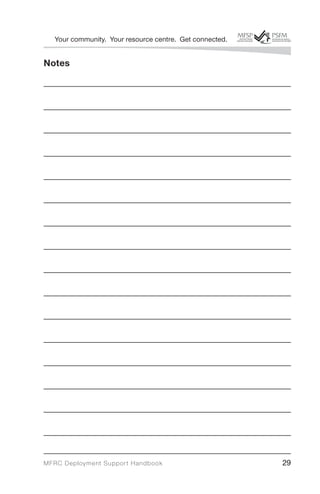 Your community. Your resource centre. Get connected.


Notes

___________________________________________________

___________________________________________________

___________________________________________________

___________________________________________________

___________________________________________________

___________________________________________________

___________________________________________________

___________________________________________________

___________________________________________________

___________________________________________________

___________________________________________________

___________________________________________________

___________________________________________________

___________________________________________________

___________________________________________________

___________________________________________________


MFRC Deployment Suppor t Handbook                         29
 