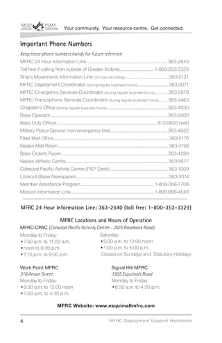 Your community. Your resource centre. Get connected.


Important Phone Numbers
Keep these phone numbers handy for future reference
MFRC 24 Hour Information Line ................................................................................ 363-2640
Toll free if calling from outside of Greater Victoria ..................................1-800-353-3329
Ship’s Movements Information Line (24 hour recording) ........................................... 363-2121
MFRC Deployment Coordinator (during regular business hours) ...............................363-3071
MFRC Emergency Services Coordinator (during regular business hours) ................ 363-2679
MFRC Francophone Services Coordinator (during regular business hours) ........... 363-3463
Chaplain’s Ofﬁce (during regular business hours) ............................................................ 363-4030
Base Operator .................................................................................................................... 363-2000
Base Duty Ofﬁcer....................................................................................................812-0603 (cell)
Military Police Service (non-emergency line) ........................................................ 363-4032
Fleet Mail Ofﬁce.................................................................................................................. 363-2176
Naden Mail Room .............................................................................................................363-4198
Base Orderly Room ......................................................................................................... 363-4288
Naden Athletic Centre .................................................................................................... 363-5677
Colwood Paciﬁc Activity Centre (PSP Desk) ......................................................... 363-1009
Lookout (Base Newspaper) ...........................................................................................363-3014
Member Assistance Program .........................................................................1-800-268-7708
Mission Information Line...................................................................................1-800-866-4546


MFRC 24 Hour Information Line: 363-2640 (toll free: 1-800-353-3329)

                                MFRC Locations and Hours of Operation
MFRC-CPAC (Colwood Paciﬁc Activity Centre – 2610 Rosebank Road)
Monday to Friday:                   Saturday:
•7:30 a.m. to 11:00 a.m.            •9:00 a.m. to 12:00 noon
•noon to 6:30 p.m.                  •1:00 p.m. to 5:00 p.m.
•7:15 p.m. to 9:00 p.m.              Closed on Sundays and Statutory Holidays

Work Point MFRC                                                            Signal Hill MFRC
316 Anson Street                                                           1505 Esquimalt Road
Monday to Friday:                                                          Monday to Friday:
•8:30 a.m. to 12:00 noon                                                   •8:30 a.m. to 4:30 p.m.
•1:00 p.m. to 4:30 p.m.

                              MFRC Website: www.esquimaltmfrc.com


4                                                                        MFRC Deployment Suppor t Handbook
 