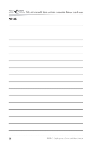 Votre communauté. Votre centre de ressources. Joignez-vous à nous.


Notes

___________________________________________________

___________________________________________________

___________________________________________________

___________________________________________________

___________________________________________________

___________________________________________________

___________________________________________________

___________________________________________________

___________________________________________________

___________________________________________________

___________________________________________________

___________________________________________________

___________________________________________________

___________________________________________________

___________________________________________________

___________________________________________________


28                                  MFRC Deployment Suppor t Handbook
 