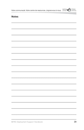 Votre communauté. Votre centre de ressources. Joignez-vous à nous.


Notes

___________________________________________________

___________________________________________________

___________________________________________________

___________________________________________________

___________________________________________________

___________________________________________________

___________________________________________________

___________________________________________________

___________________________________________________

___________________________________________________

___________________________________________________

___________________________________________________

___________________________________________________

___________________________________________________

___________________________________________________

___________________________________________________


MFRC Deployment Suppor t Handbook                                    29
 