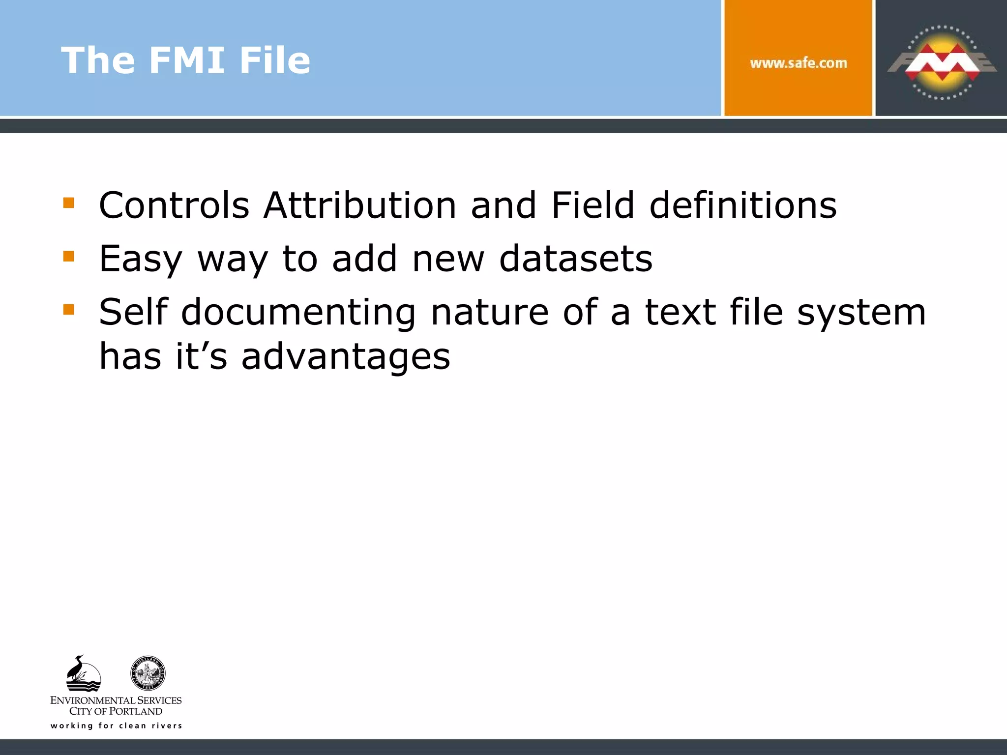 The FMI File Controls Attribution and Field definitions Easy way to add new datasets Self documenting nature of a text file system has it’s advantages 
