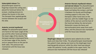 TECHNIQUE BY
ARTICLE
1. 2.
3. 4.
Suboccipital release The
physiotherapist raised his
fingertips toward the ceiling and
placed his hand just below the
occiput, creating pressure to
release the tissues in this area.
The therapist then applied gentle
traction between the occiput and
the atlas
Anterior thoracic myofascial release
and sternal release The physiotherapist
placed one hand under the patient’s
head, just below the occiput, and held
it between his thumb and forefinger,
creating support in this area. The
therapist’s other hand rests on the
sternum, with the middle finger on the
midline of the sternum and the heel of
the hand just below the sternal joint.
Distraction moves the fascia and
sternochondral joints away from each
other, and the pressure was maintained
until the tissue was released
Anterior cervical myofascial
release The physiotherapist placed
one hand on the lower angle of the
jaw and the other hand just below
the lower edge of the clavicle. The
therapist exerted a downward force
on the lower edge of the clavicle
and an upward force on the jaw for
both sides. This pressure was
maintained until the tissue was
released .
Diaphragm release The patients were asked to lie on their
backs and relax their limbs. The physiotherapist stood beside
the patient’s bed, placing one hand on the diaphragm level
exerting gentle pressure, while the other hand was placed
under the patients’ trunks, parallel to the upper hand. The
pressure was maintained until the tissue was released
 