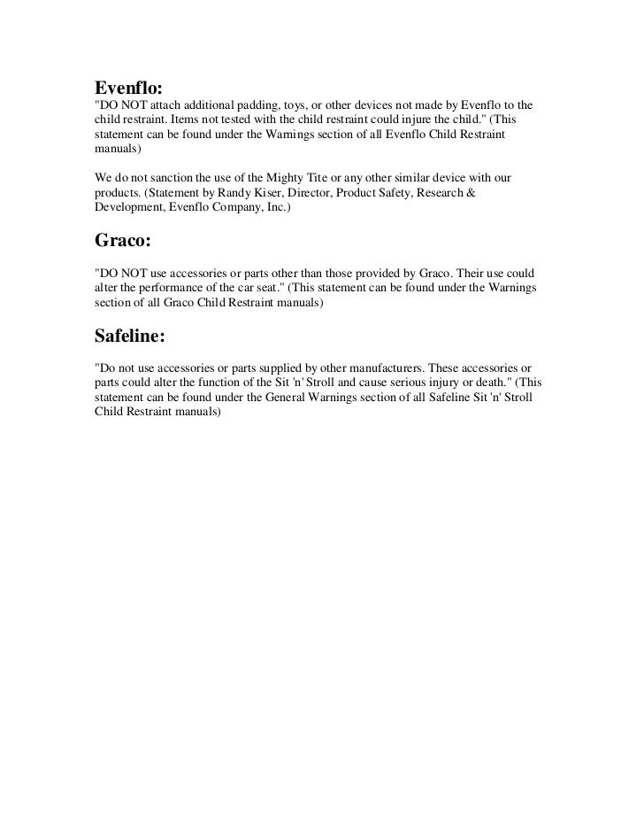 Manufacturers\' statements on car seat accessories Manufacturers\' statements on car seat accessories