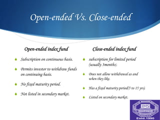 Open-ended Vs. Close-ended

      Open-ended index fund                    Close-ended index fund
S  Subscription on continuous basis.    S  subscription for limited period
                                             (usually 3months).
S  Permits investor to withdraw funds
   on continuing basis.                  S  Does not allow withdrawal as and
                                             when they like.
S  No fixed maturity period.
                                         S  Has a fixed maturity period(5 to 15 yrs).
S  Not listed in secondary market.
                                         S  Listed on secondary market.
 