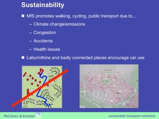 Sustainability
             MfS promotes walking, cycling, public transport due to...
                 –  Climate change/emissions
                 –  Congestion
                 –  Accidents
                 –  Health issues
             Labyrinthine and badly connected places encourage car use




Phil Jones Associates                                   sustainable transport solutions
 