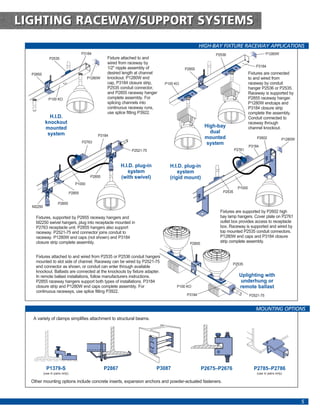 LIGHTING RACEWAY/SUPPORT SYSTEMS
                                                                                                    HIGH-BAY FIXTURE RACEWAY APPLICATIONS
                                        P3184                                                             P2536                          P1280W
              P2535                                  Fixture attached to and
                                                     wired from raceway by
                                                     1/2" nipple assembly of                                                      P3184
                                                                                           P2855
  P2855                                              desired length at channel                                                Fixtures are connected
                                           P1280W    knockout. P1280W end                                                     to and wired from
                                                     cap, P3184 closure strip,   P100 KO                                      raceway by conduit
                                                     P2535 conduit connector,                                                 hanger P2536 or P2535.
                                                     and P2855 raceway hanger                                                 Raceway is supported by
             P100 KO                                 complete assembly. For                                                   P2855 raceway hanger.
                                                     splicing channels into                                                   P1280W endcaps and
                                                     continuous raceway runs,                                                 P3184 closure strip
                                                     use splice fitting P3922.                                                complete the assembly.
             H.I.D.                                                                                                           Conduit connected to
           knockout                                                                                                           raceway through
           mounted                                                                                    High-bay                channel knockout.
            system                                                                                      dual
                                                P3184
                                                                                                      mounted                     P2602             P1280W
                                        P2763                                                          system
                                                                                                                              P3184
                                                                 P2521-75                                            P2761



                                                            H.I.D. plug-in         H.I.D. plug-in
                                                               system                  system
                                            P2855           (with swivel)          (rigid mount)
                                   P1000
                                                                                                                      P1000
                                P2855                                                                        P2535


                     P2855
  M2250
                                                                                                            Fixtures are supported by P2602 high
    Fixtures, supported by P2855 raceway hangers and                                                        bay lamp hangers. Cover plate on P2761
    M2250 swivel hangers, plug into receptacle mounted in                                                   outlet box provides access to receptacle
    P2763 receptacle unit. P2855 hangers also support                                                       box. Raceway is supported and wired by
    raceway. P2521-75 end connector joins conduit to                                                        top mounted P2535 conduit connectors.
    raceway. P1280W end caps (not shown) and P3184                                                          P1280W end caps and P3184 closure
    closure strip complete assembly.                                                         P2855
                                                                                                            strip complete assembly.


    Fixtures attached to and wired from P2535 or P2536 conduit hangers
    mounted to slot side of channel. Raceway can be wired by P2521-75
                                                                                                                   P2535
    end connector as shown, or conduit can enter through available
    knockout. Ballasts are connected at the knockouts by fixture adapter.
    In remote ballast installations, follow manufacturers instructions.                                                Uplighting with
    P2855 raceway hangers support both types of installations. P3184                                                    underhung or
    closure strip and P1280W end caps complete assembly. For                          P100 KO                          remote ballast
    continuous raceways, use splice fitting P3922.
                                                                                            P3184                             P2521-75


                                                                                                                                 MOUNTING OPTIONS
   A variety of clamps simplifies attachment to structural beams.




            P1379-S                                 P2867                    P3087                   P2675–P2676                P2785–P2786
          (use in pairs only)                                                                                                     (use in pairs only)

  Other mounting options include concrete inserts, expansion anchors and powder-actuated fasteners.



                                                                                                                                                             5
 