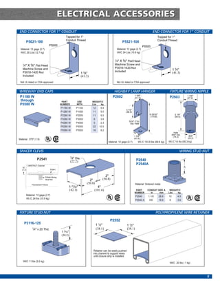 ELECTRICAL ACCESSORIES
END CONNECTOR FOR 1” CONDUIT                                                                                                                  END CONNECTOR FOR 1” CONDUIT
                                                     Tapped for 1"                                                                                 Tapped for 1"
                                                     Conduit Thread                                                                                Conduit Thread
           P5021-100                                                                                         P5521-100
                                         P5000                                                                                      P5500
 Material: 12 gage (2.7)                                                                                Material: 12 gage (2.7)
 Wt/C 28 Lbs (12.7 kg)                                                                                  Wt/C 24 Lbs (10.9 kg)

                                                                                                      1
                                                                                                       ⁄4" X 5⁄8" Flat Head
   1           5
    ⁄4" X ⁄8" Flat Head                                                                               Machine Screw and
   Machine Screw and                                                                                  P3016-1420 Nut
                                                                                                                                                                   1 5⁄8"
   P3016-1420 Nut                                                                                     Included                                                     (41.3)
                                                                        1 5⁄8"
   Included                                                             (41.3)
 Not UL-listed or CSA approved                                                                          Not UL-listed or CSA approved


WIREWAY END CAPS                                                                                     HIGHBAY LAMP HANGER                                       FIXTURE WIRING NIPPLE
                                                                                                               1 5/8"                                                            1.100"
P1180 W                                                                                             P2602      (41.3)                                          P2603             (27.9)
through                                           PART           USE             WEIGHT/C
P5580 W                                          NUMBER          WITH            Lbs   kg
                                                 P1180 W         P1100           12     5.4
                                                                                                                 3 1/2"
                                                 P1280 W         P1000           11     5.0                      (88.9)
                                                 P2280 W         P2000           11     5.0                                                 6 23/32"                2 1/8"
                                                                                                                                            (170.6)                 (54.0)
                                                 P3280 W         P3000            8     3.6
                                                                                                                      5/16" (7.9)
                                                 P4280 W         P4000            5     2.3                            Dia. Hole
                                                 P5280 W         P5000           22    10.0
                                                 P5580 W         P5500           18     8.2
                                                                                                                                                                   Hole
                                                                                                                                                                .600" Dia.
                                                                                                                           1 7/8"                                 (15.2)         .800"
                                                                                                                           (47.6)                                                (20.3)
Material: .075" (1.9)
                                                                                               Material: 12 gage (2.7)          Wt./C 153.8 lbs (69.8 kg)     Wt./C 14 lbs (06.3 kg)


SPACER CLEVIS                                                                                                                                                           WIRING STUD NUT
                                                            7
                         P2541                               ⁄8" Dia.
                                                            (22.2)                                                            P2540
            UNISTRUT Channel
                                                                                                                              P2540A
    1
     ⁄8"                                                                                                                                                                     A
   (3.2)                                 P2541



                                  P2540 Wiring
                                                                                            2"
                                  Stud Nut                                    2"          (50.8)
                   Flourescent Fixture
                                                                            (50.8)                                            Material: Sintered metal.
                                                           1 21⁄32"                 4"
                                                           (42.1)                 (101.6)                                    PART        CONDUIT SIZE A        WEIGHT/C
                                                                                                                            NUMBER         In     mm          Lbs    kg
           Material: 12 gage (2.7)                                                                                            P2540       1-1/8        28.6   10       4.5
           Wt./C 24 lbs (10.9 kg)
                                                                                                                              P2540 A      5/8         15.9   8        3.6




FIXTURE STUD NUT                                                                                                                                  POLYPROPYLENE WIRE RETAINER

                                                                                                 P2552
       P3116-125                                                                     1 1⁄2"                          1 1⁄2"
                   1
                     ⁄4" x 20 Thd.                                                   (38.1)                          (38.1)
                                                 1 3⁄16"
                                                 (30.2)




                                                                                 Retainer can be easily pushed
                                                                                 into channel to support wires
                                                                                 until closure strip is installed.
    Wt/C 11 lbs (5.0 kg)
                                                                                                                                                               Wt/C .30 lbs (.1 kg)




                                                                                                                                                                                          9
 