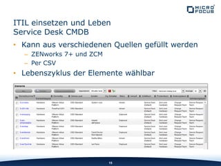 • Kann aus verschiedenen Quellen gefüllt werden
– ZENworks 7+ und ZCM
– Per CSV
• Lebenszyklus der Elemente wählbar
15
ITIL einsetzen und Leben
Service Desk CMDB
 