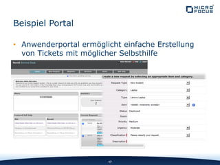 • Anwenderportal ermöglicht einfache Erstellung
von Tickets mit möglicher Selbsthilfe
17
Beispiel Portal
 