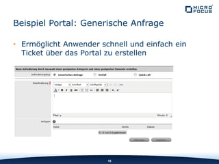 • Ermöglicht Anwender schnell und einfach ein
Ticket über das Portal zu erstellen
18
Beispiel Portal: Generische Anfrage
 