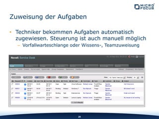 • Techniker bekommen Aufgaben automatisch
zugewiesen. Steuerung ist auch manuell möglich
– Vorfallwarteschlange oder Wissens-, Teamzuweisung
20
Zuweisung der Aufgaben
 