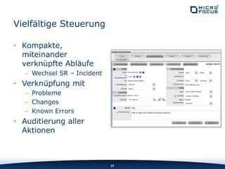 Vielfältige Steuerung
• Kompakte,
miteinander
verknüpfte Abläufe
– Wechsel SR – Incident
• Verknüpfung mit
– Probleme
– Changes
– Known Errors
• Auditierung aller
Aktionen
21
 