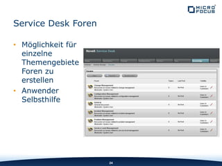 Service Desk Foren
• Möglichkeit für
einzelne
Themengebiete
Foren zu
erstellen
• Anwender
Selbsthilfe
24
 