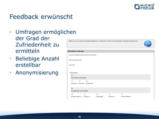 Feedback erwünscht
• Umfragen ermöglichen
der Grad der
Zufriedenheit zu
ermitteln
• Beliebige Anzahl
erstellbar
• Anonymisierung
25
 