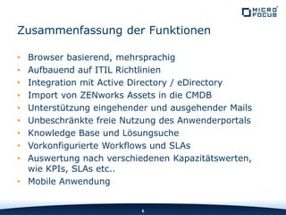 • Browser basierend, mehrsprachig
• Aufbauend auf ITIL Richtlinien
• Integration mit Active Directory / eDirectory
• Import von ZENworks Assets in die CMDB
• Unterstützung eingehender und ausgehender Mails
• Unbeschränkte freie Nutzung des Anwenderportals
• Knowledge Base und Lösungsuche
• Vorkonfigurierte Workflows und SLAs
• Auswertung nach verschiedenen Kapazitätswerten,
wie KPIs, SLAs etc..
• Mobile Anwendung
6
Zusammenfassung der Funktionen
 