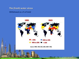 The (fresh) water stress Withdrawal as a % of total  > 40% 40% to 20% 20% to 10% < 10% 1995 2025 ( Source: WMO, 1996; GEO, 2000; UNEP, 1999) 