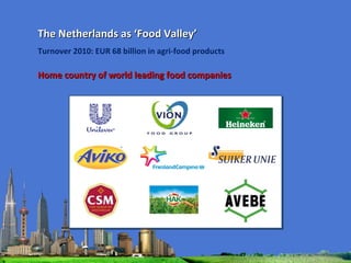 The Netherlands as ‘Food Valley’ Turnover 2010: EUR 68 billion in agri-food products Home country of world leading food companies 